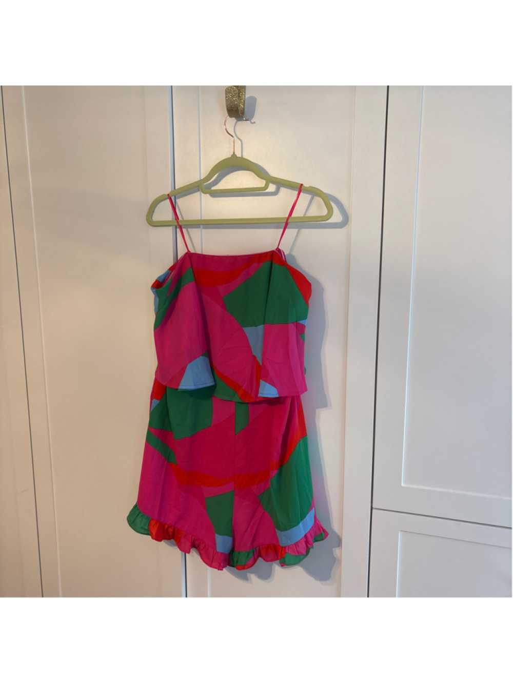 Women's Sugarlips Romper XL Pink Green Geometric Print Ruffle Hem